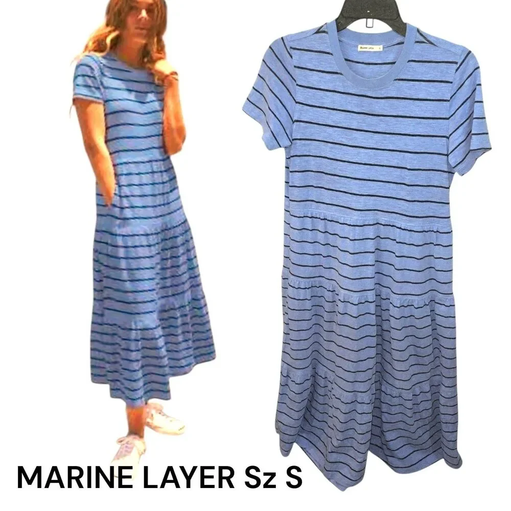 Marine Layer Sz S Sadie Slub Striped Blue Tiered Beachy Side Pockets Midi Dress